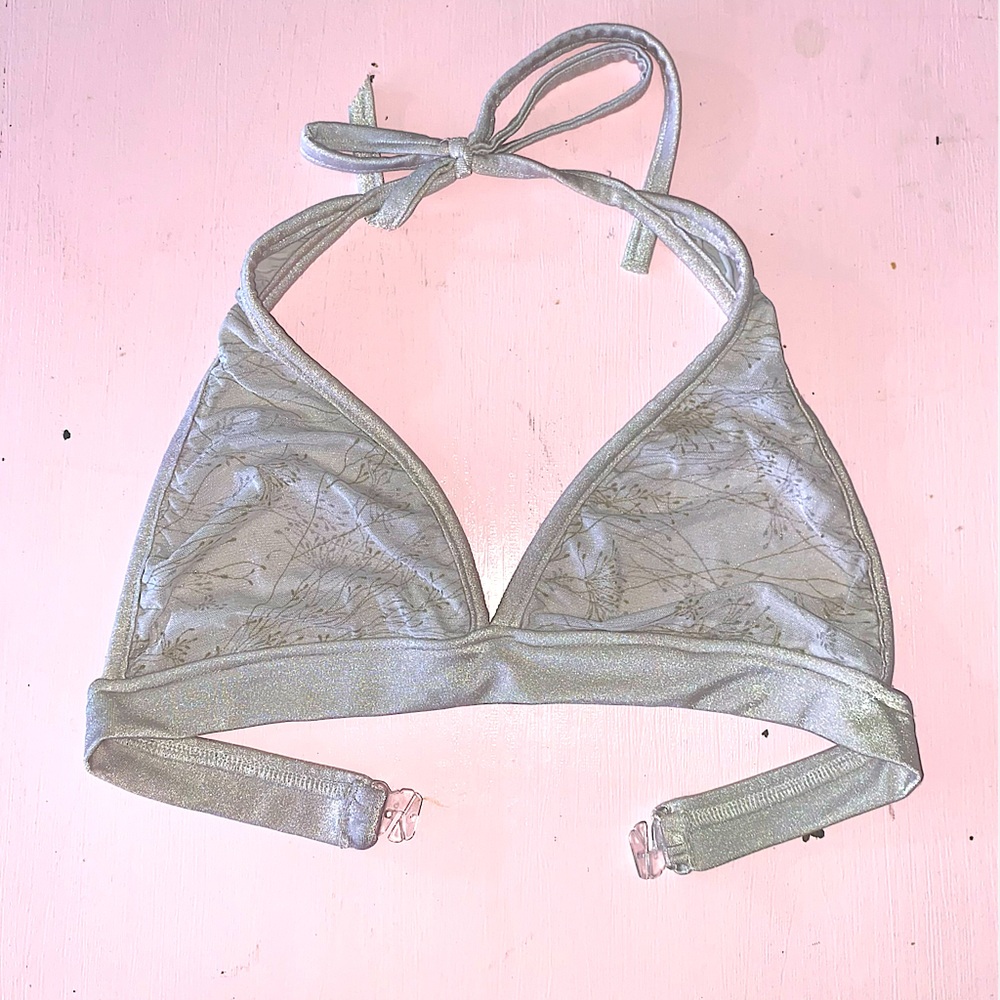 Super Soft Bikini Top Triangle Halter Unique Floral or Fern Plant Pattern Silver